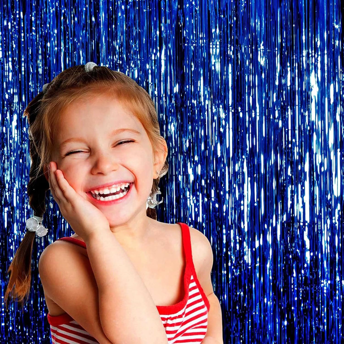4 Pack Blue Foil Fringe Curtain Backdrop, 3.28Ftx8.2Ft Metallic Tinsel Streamers for Sea Party
