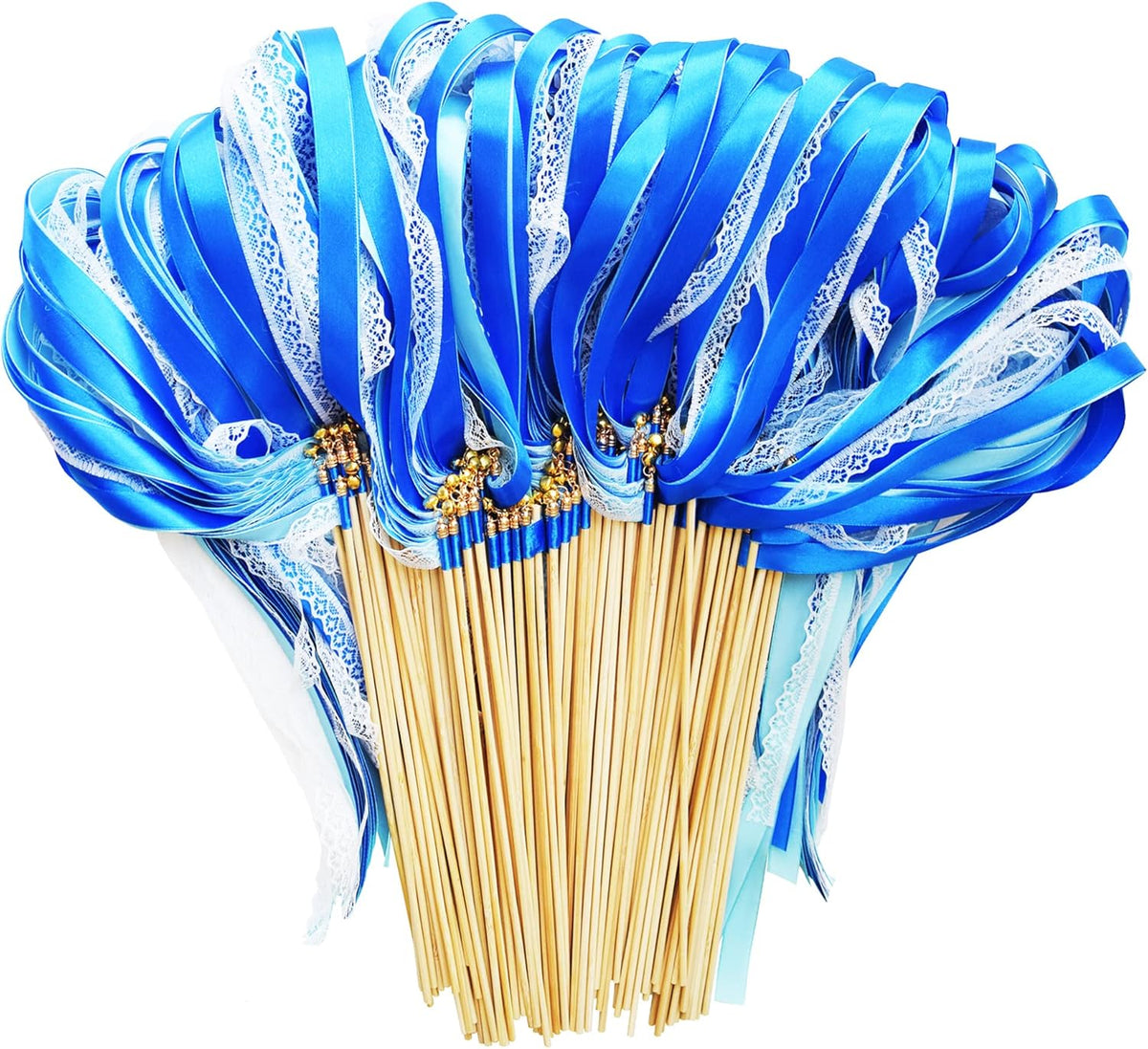 100 Pack Blue Lace Wedding Ribbon Wands Streamers with Bells Silk Fairy Wands Sticks Wedding Exit