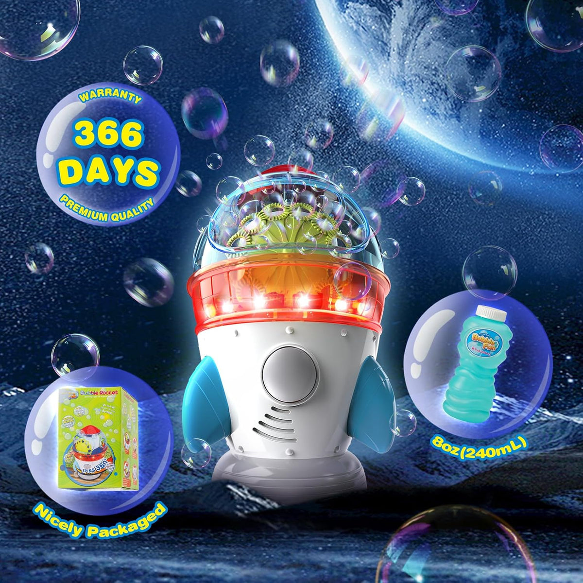 Rocket-Shaped Bubble Machine for Kids & Pets - Dual Powerful Bubble Outlets, Automatic 360°