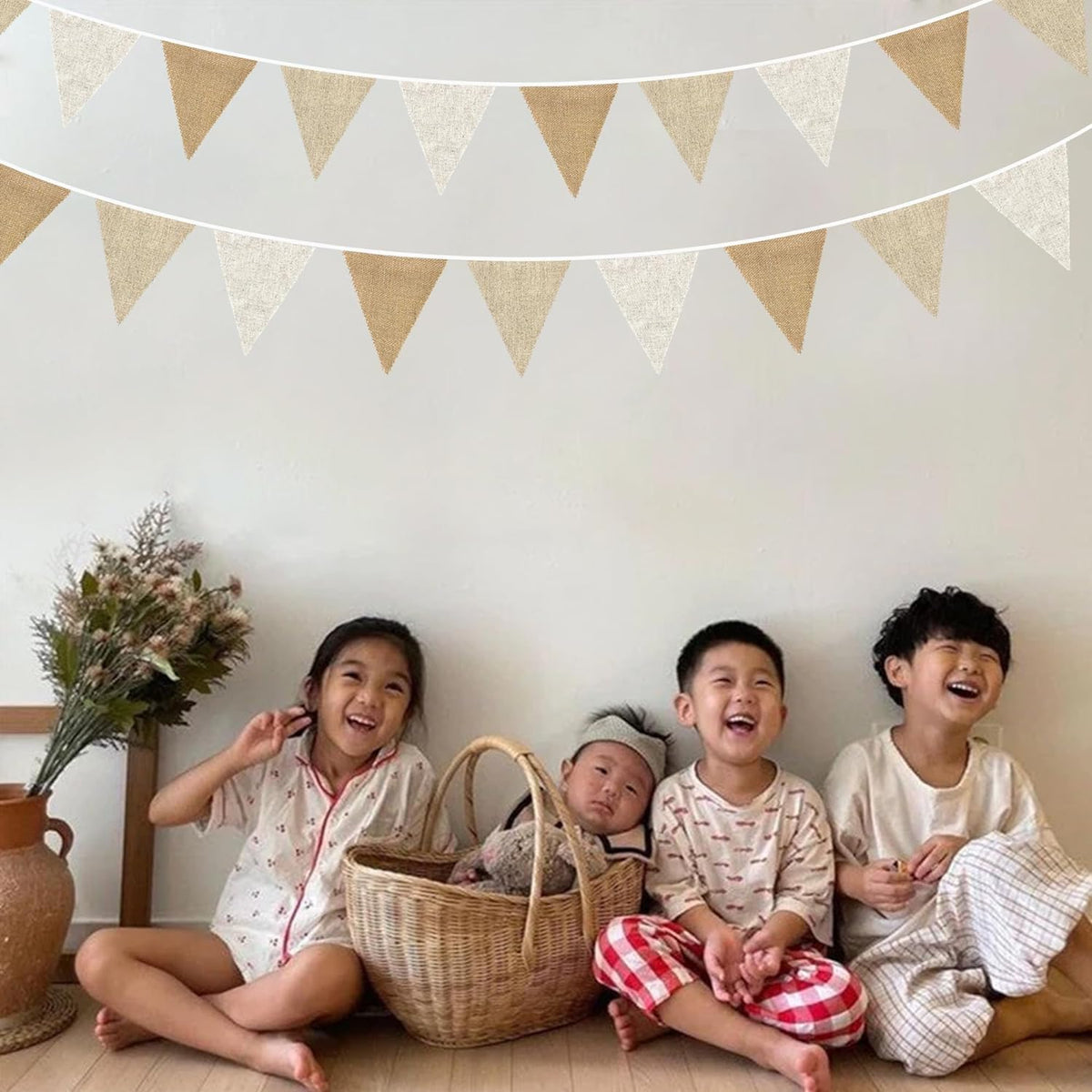 24Ft Burlap Banner Burlap Triangle Pennant Flag Linen Bunting Garland Streamers for Birthday