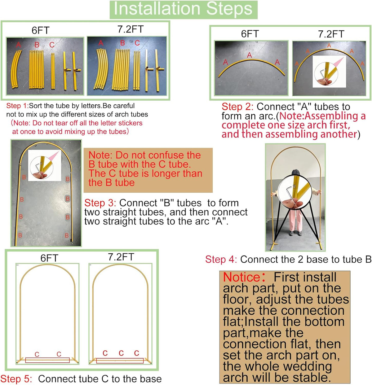 Metal Arch Backdrop Stand 7.2FT+6FT Wedding Arch Backdrop Stand Set of 2 Gold Arch Backdrop Stand