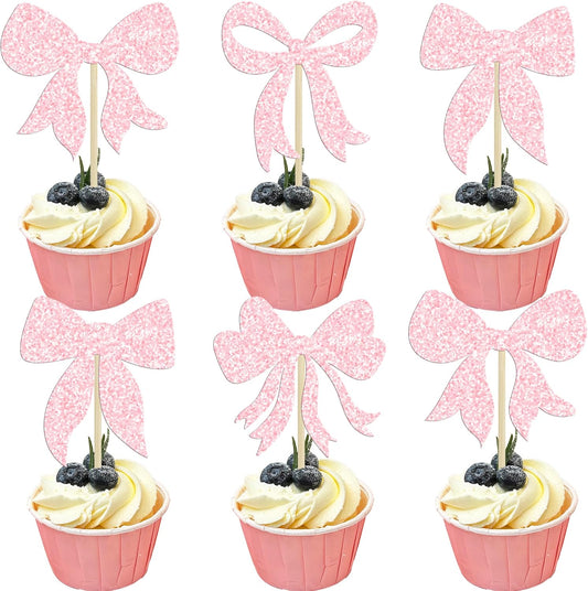 Gyufise 36Pcs Bow Cupcake Toppers Glitter Girls Birthday Decorations Bowknot Cupcake Picks Bow Tie