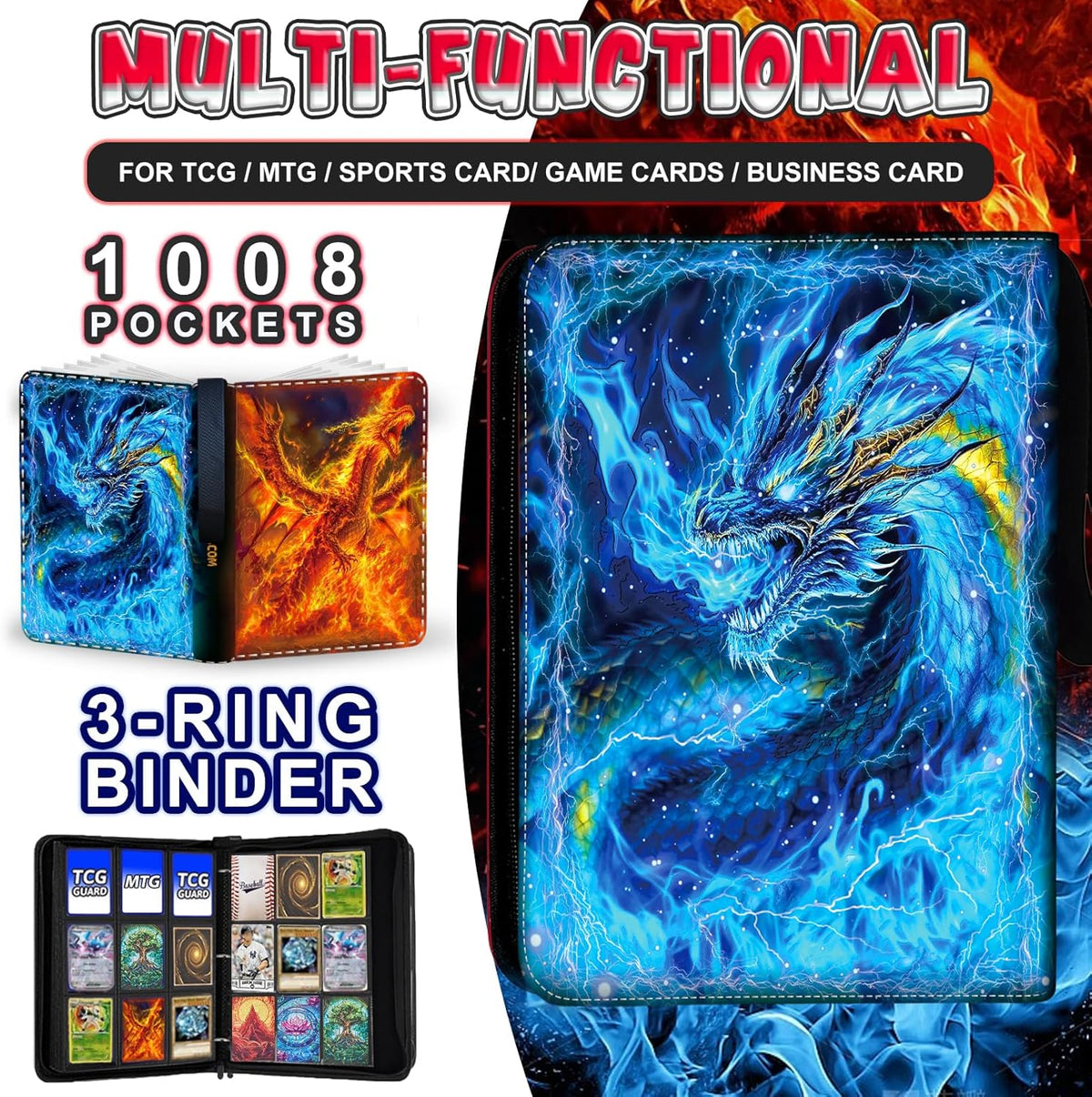 1008 Card Binder 9 Pocket, 3-Ring Trading Card Binder with 56 Page Removable Sleeves, High Storage