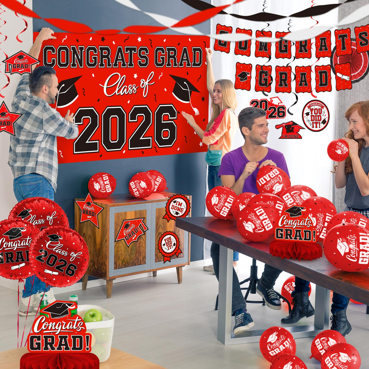 Red Themed 2026 Graduation Decorations Set - Congrats Grad Banner, Class of 2026Backdrop, Balloons