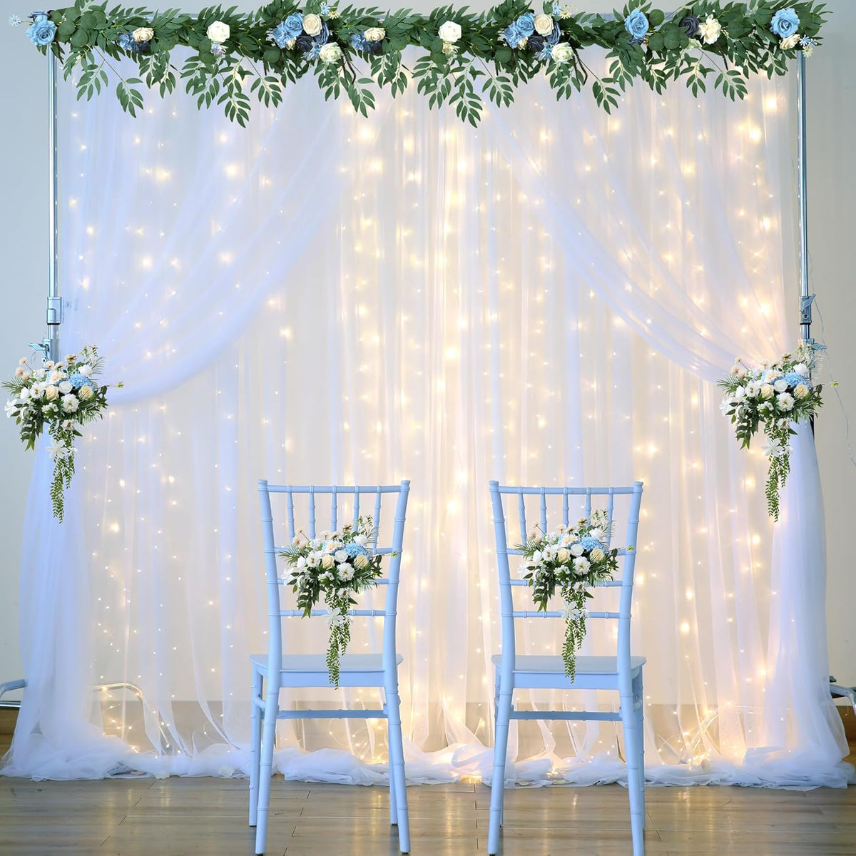 White Backdrop Curtains with Lights String for Wedding Parties 10×10ft Sheer Tulle Backdrop Curtain