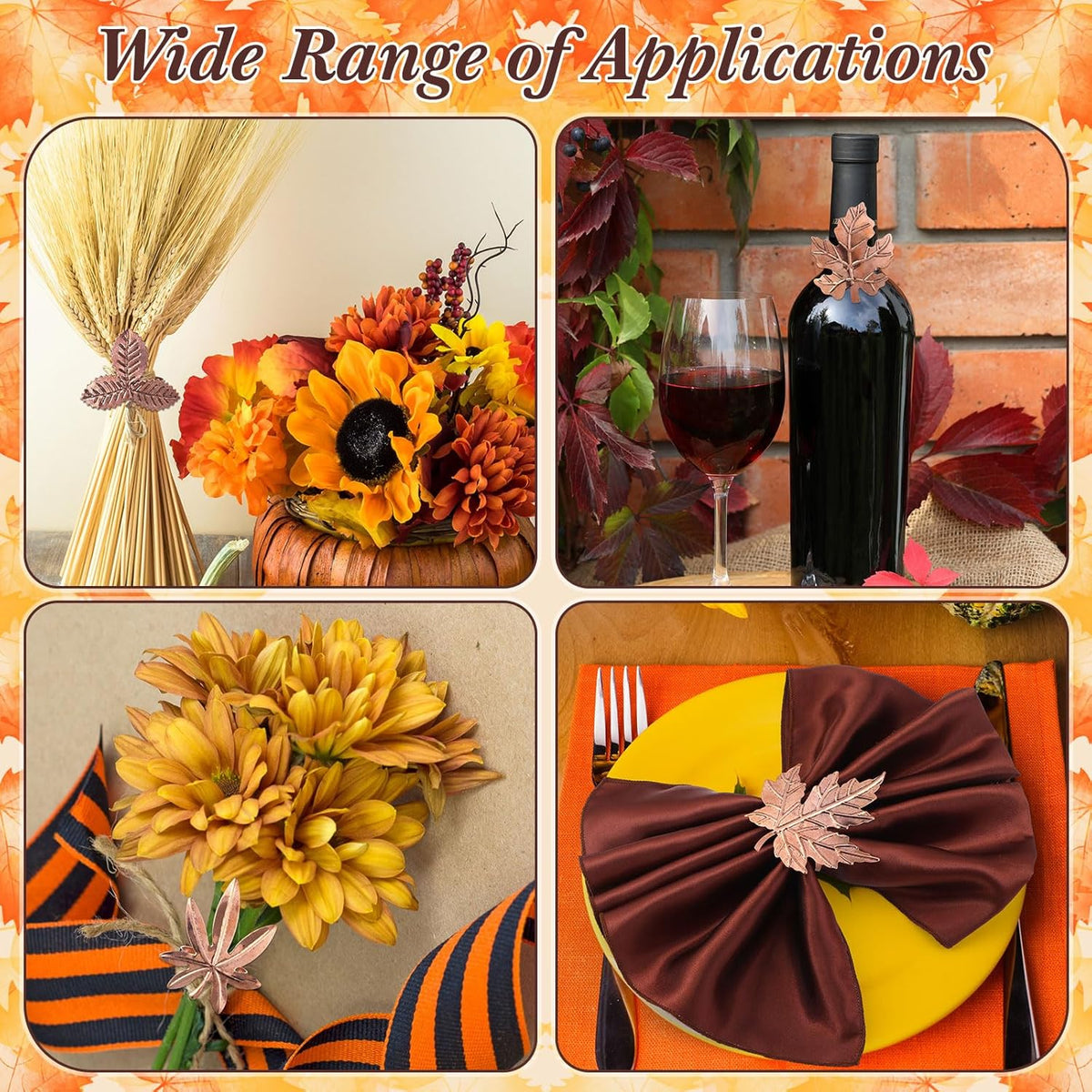 Remerry 8 Pcs Thanksgiving Napkin Ring Harvest Fall Leaf Pumpkin Holders Retro Alloy Metal Napkin
