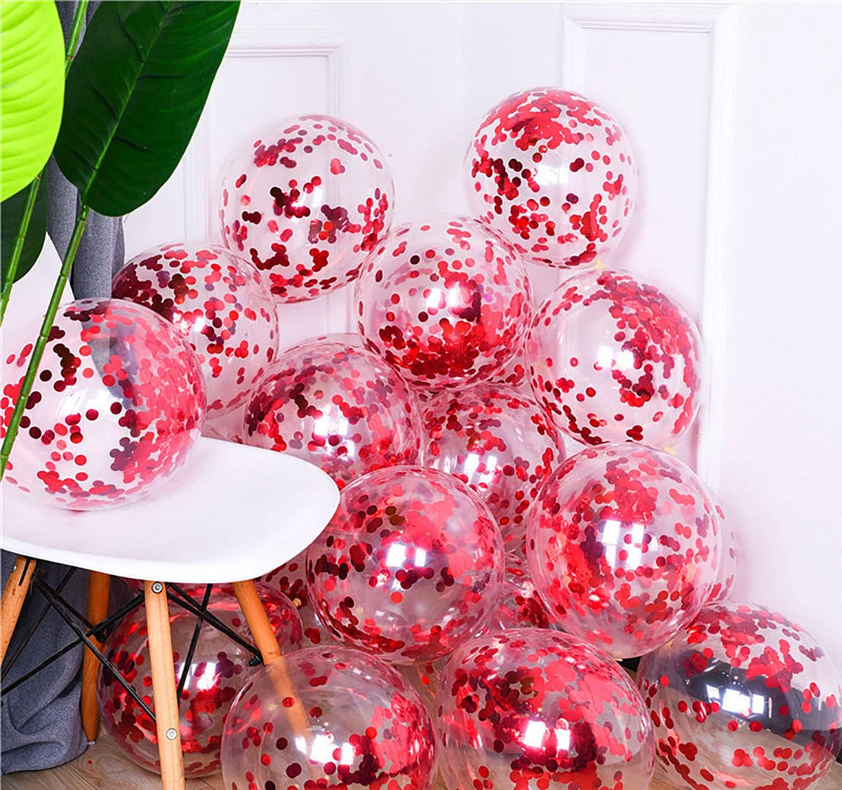 50pcs Red Foil Confetti Balloons,12 inch Latex Balloon with Red Confetti Inside for Birthday Family
