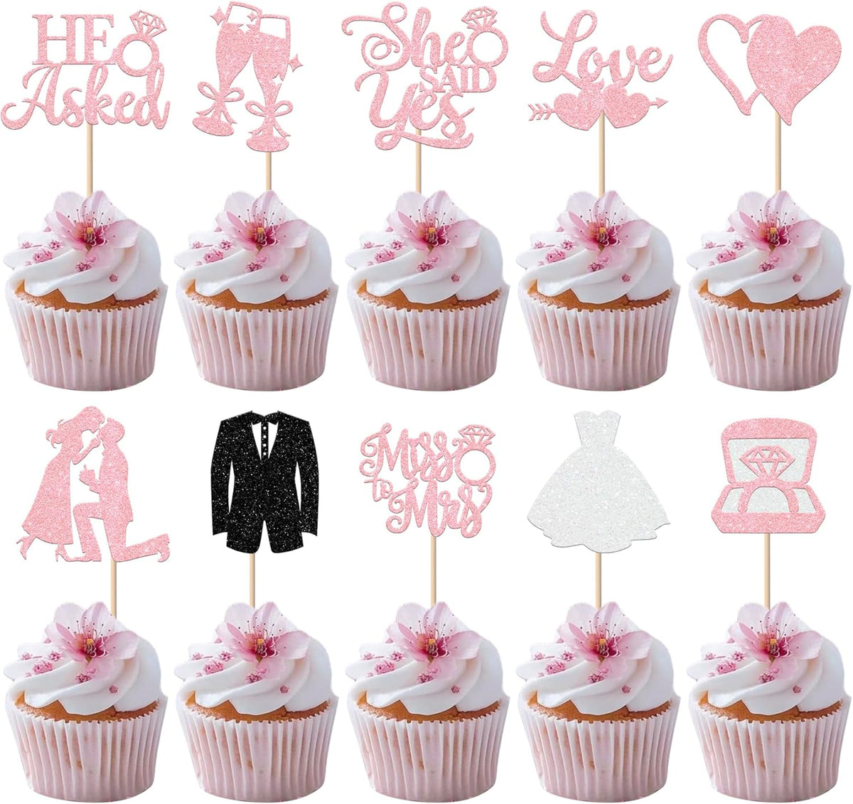 30 Pack Bride to be Cupcake Toppers Glitter Diamond Ring Love I Do Cupcake Picks Miss to Mrs He