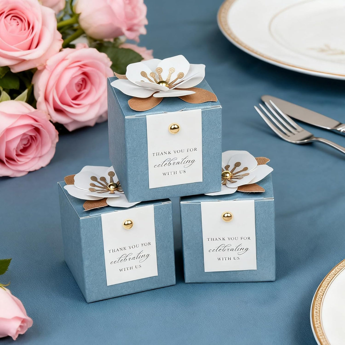 FEIYI 20 PCS Candy Boxes, 3 In 1 Dusty Blue Favor Boxes with Floral Decor, White Thank You Tags