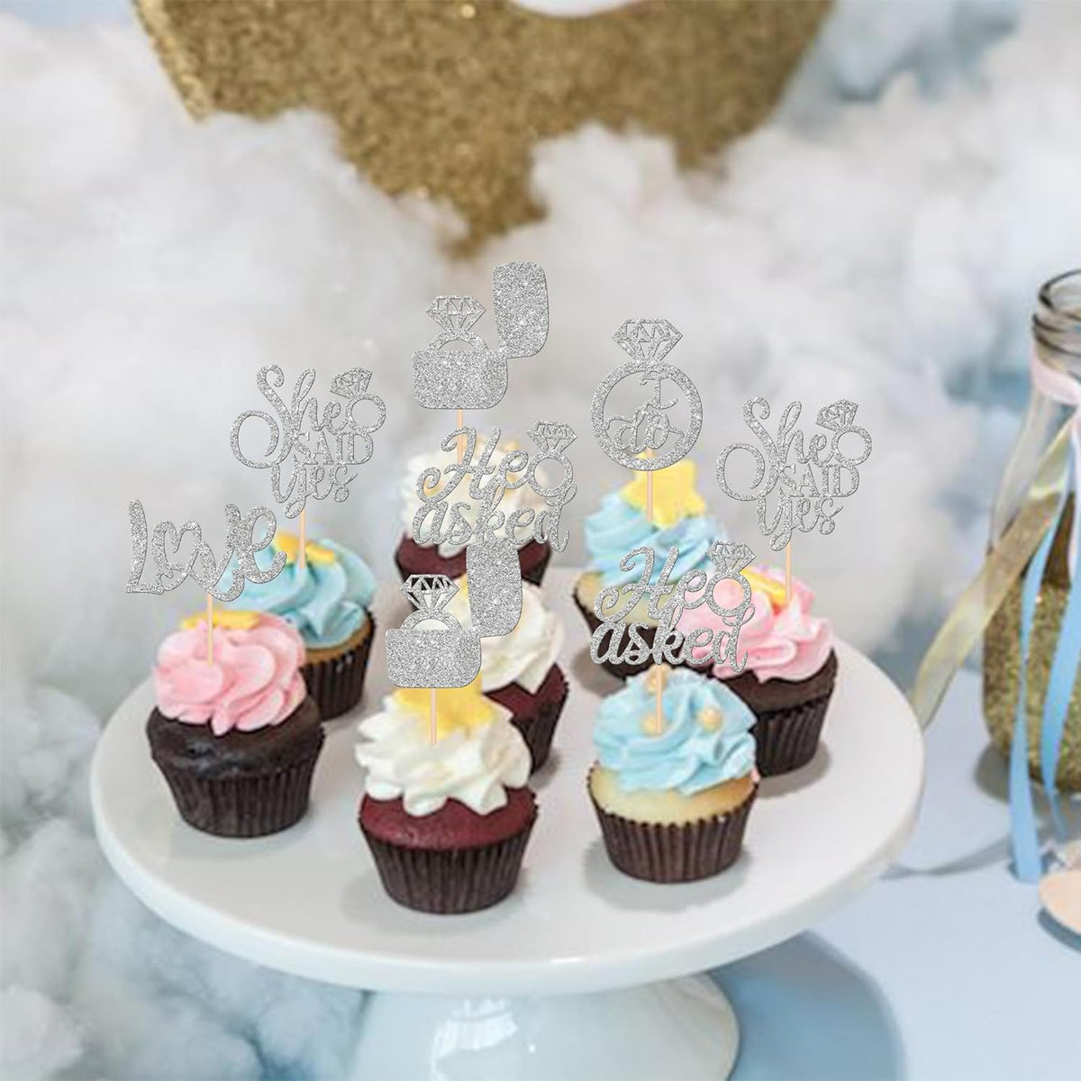 30 PCS He Asked She Said Yes Cupcake Toppers Diamond Ring Cupcake Picks Love I Do Bridal Shower