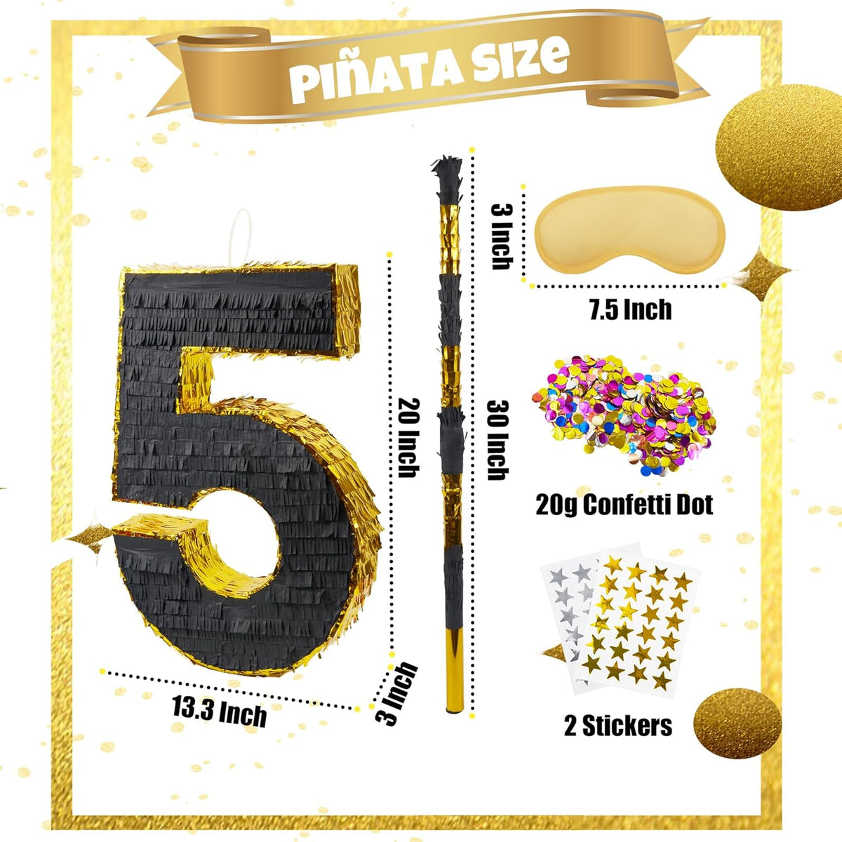 PCFING 20 Inch Number 5 Piñata Gold Black with 30 Inch Piñata Stick Blindfold Confetti for Man