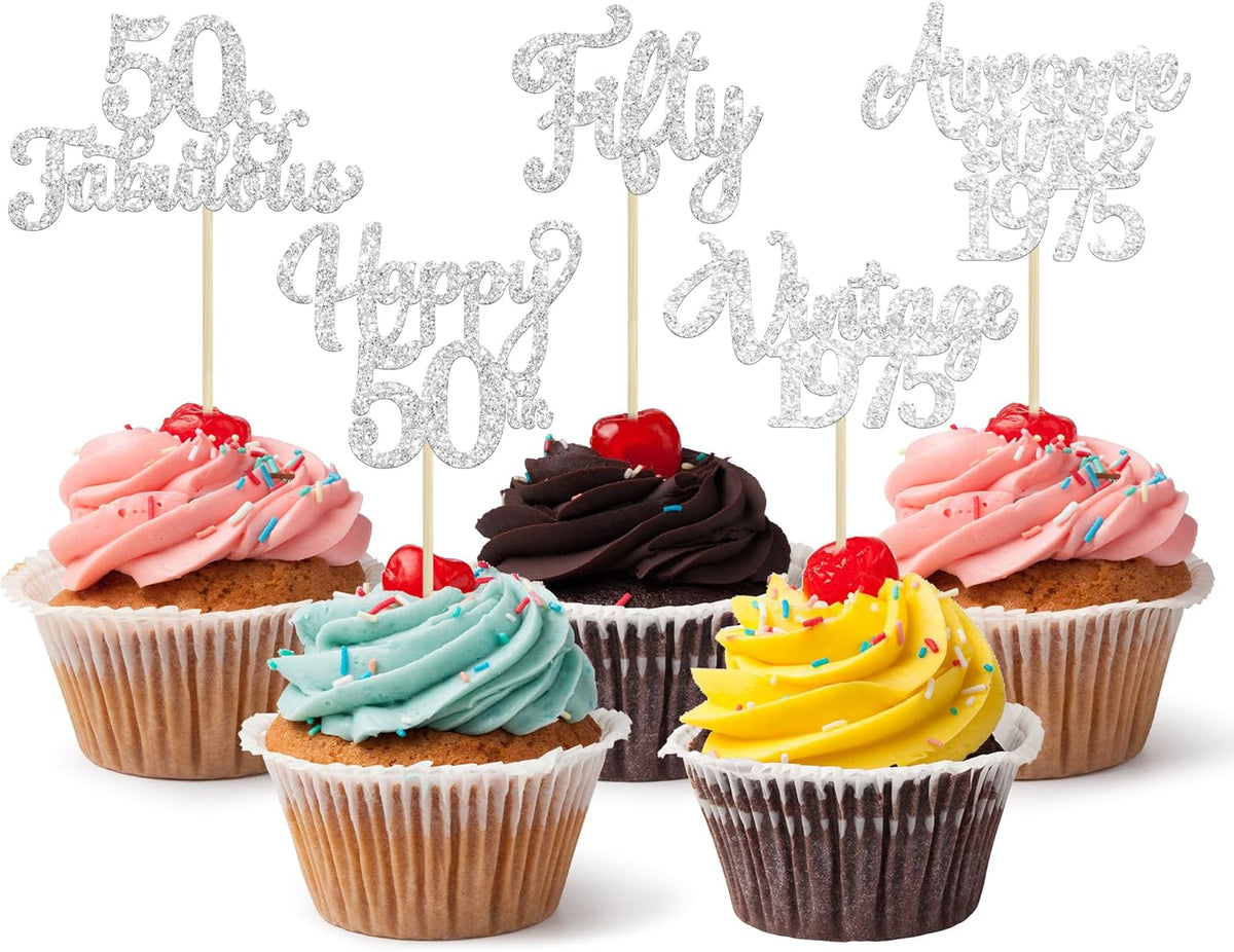 30Pcs Happy 50th Birthday Cupcake Toppers Glitter Fifty Vintage 1975 Cupcake Picks Cheers to 50