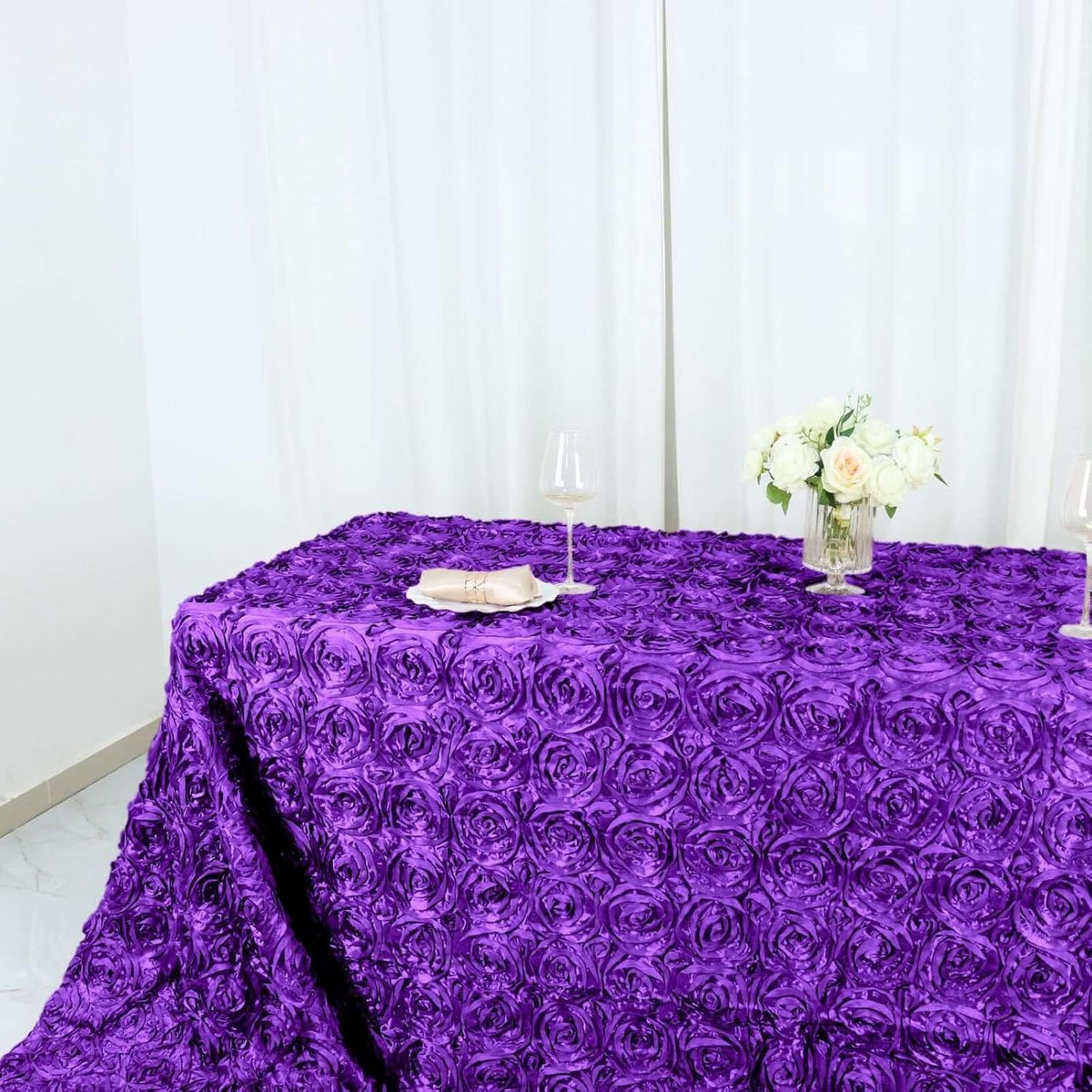 Efavormart 90"x156" Wholesale Rectangle Table Cover Purple Grandiose Rosette 3D Satin Tablecloth