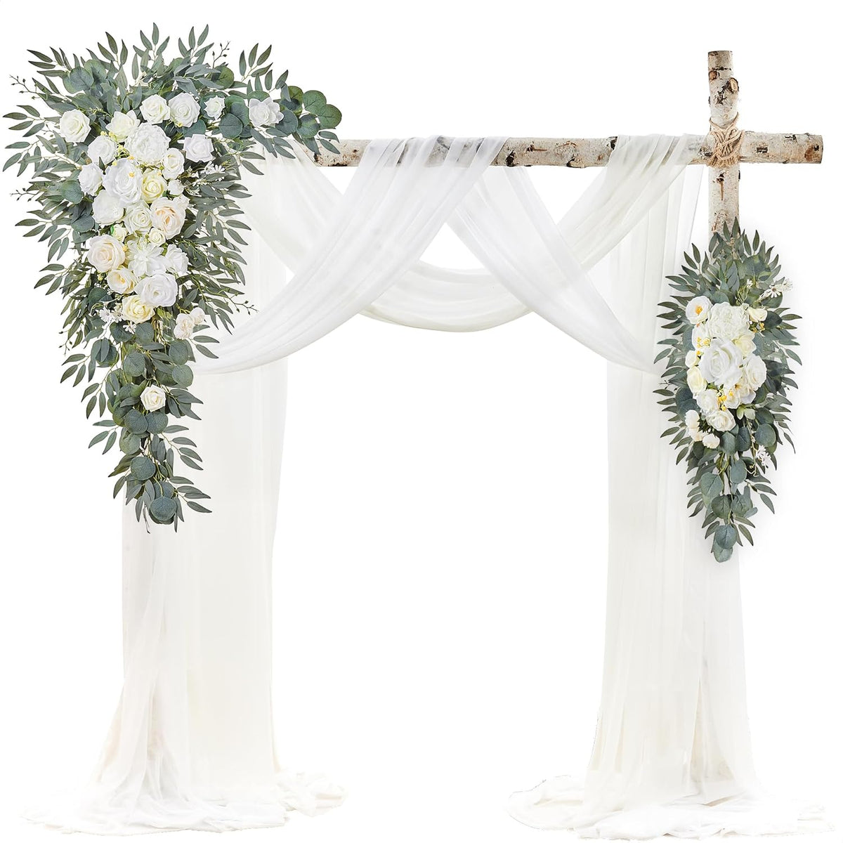 Wedding Arch Flowers with Drapes Kit (Pack of 4) - 2pcs Artificial Ivory & White Deluxe Swag with