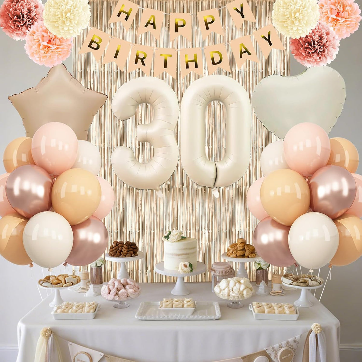 Beige 30th Birthday Decorations for Her Cream Number 30 Balloon Nude Gold Happy Birthday Banner