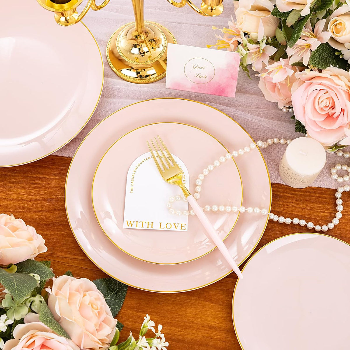 Liacere 150PCS Plastic Plates-Gold Plastic Silverware with Pink Handle - Pink Disposable Plates