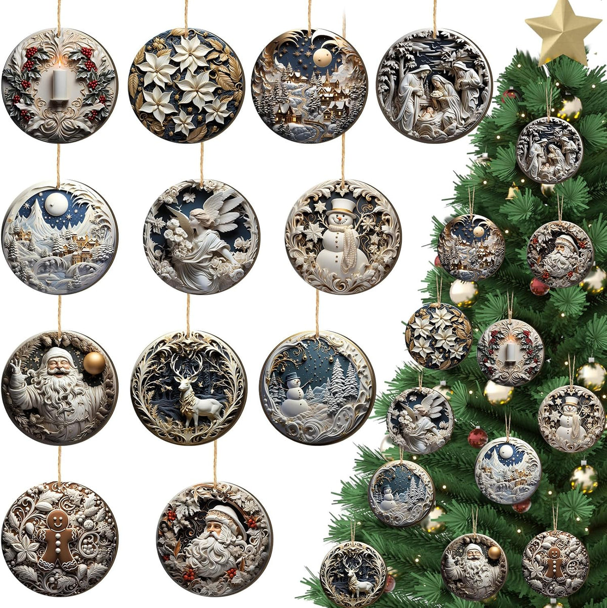 Suzile 36 Pcs Christmas Wooden Ornaments Vintage Christmas Decoration White Sculpture Hanging Decor
