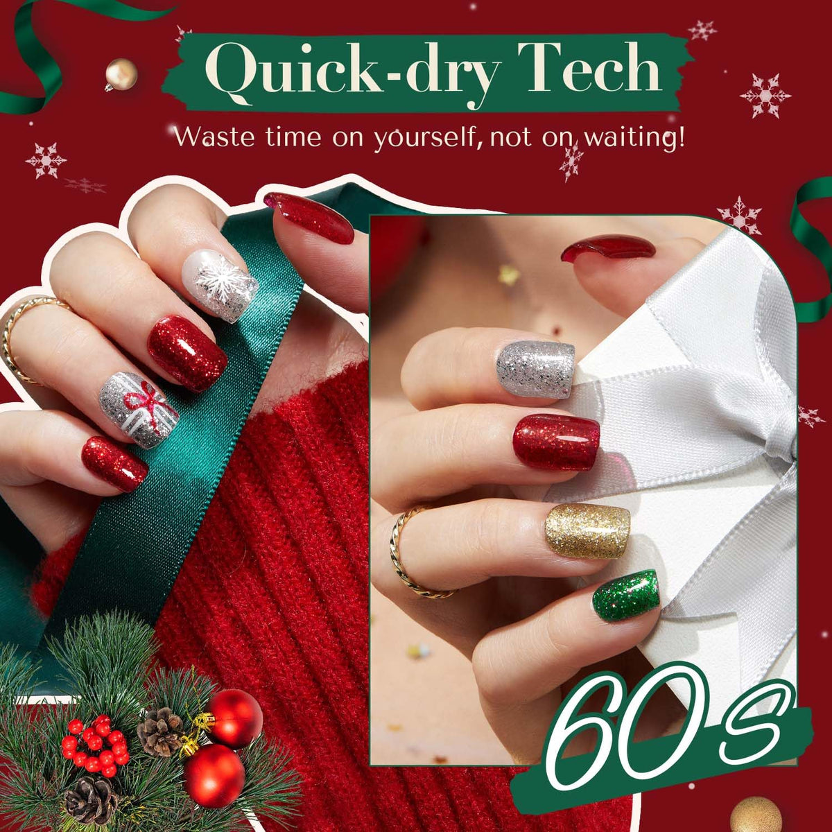AZUREBEAUTY Nail Polish Set, 4 Colors Christmas Glitter Red Green Gold Silver Quick Dry Natural