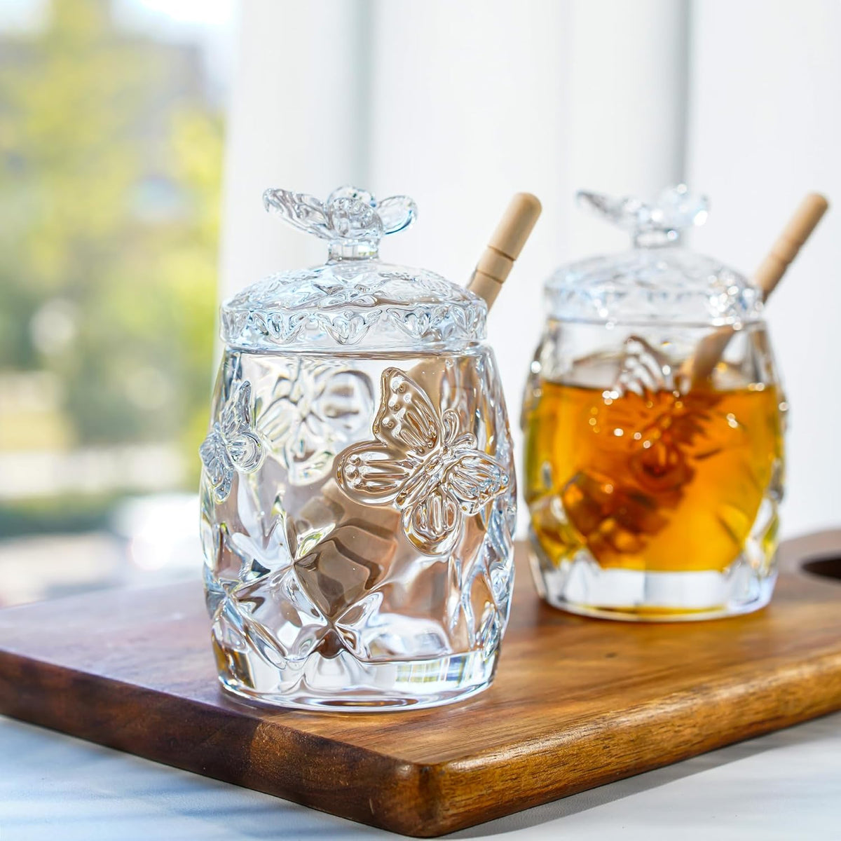 kanpura Clear Crystal Honey Jar with Dipper and Lid, Honey Bee Pot, 4.5oz Glass Honey Pot for Home