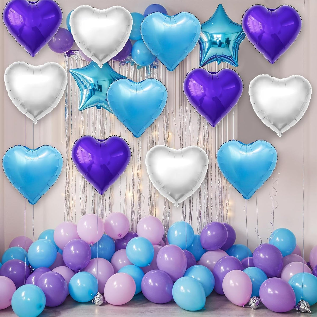 Blue Purple Silver Heart Balloons,12Pcs 18Inch Blue Silver Purple Heart Shaped Foil Helium