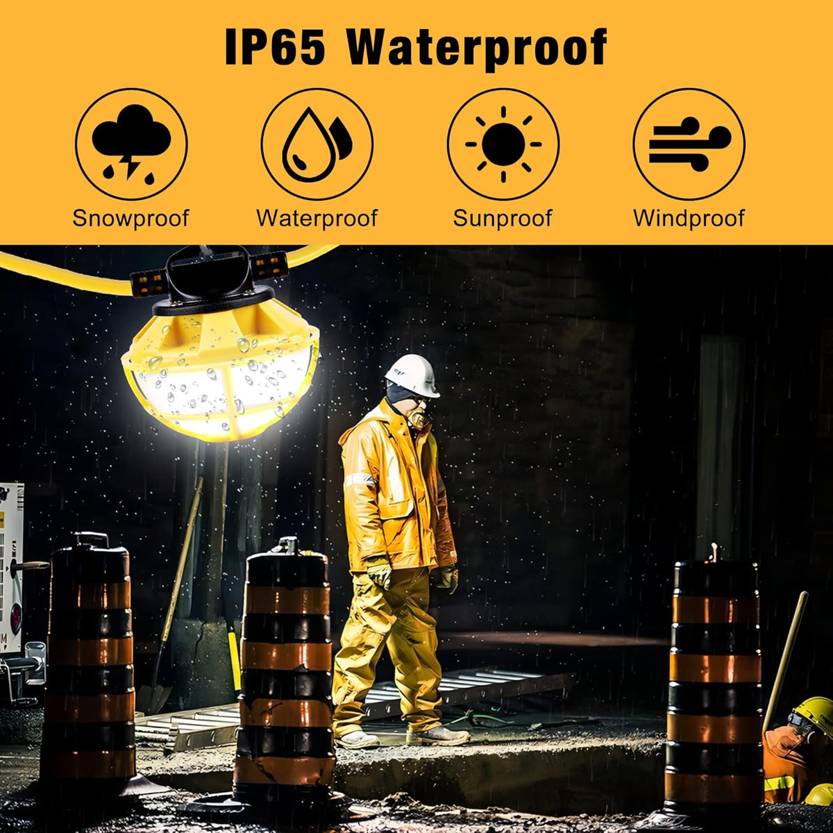 100FT Construction String Lights with Cage, IP65 Waterproof LED String Work Lights, 5000K Daylight