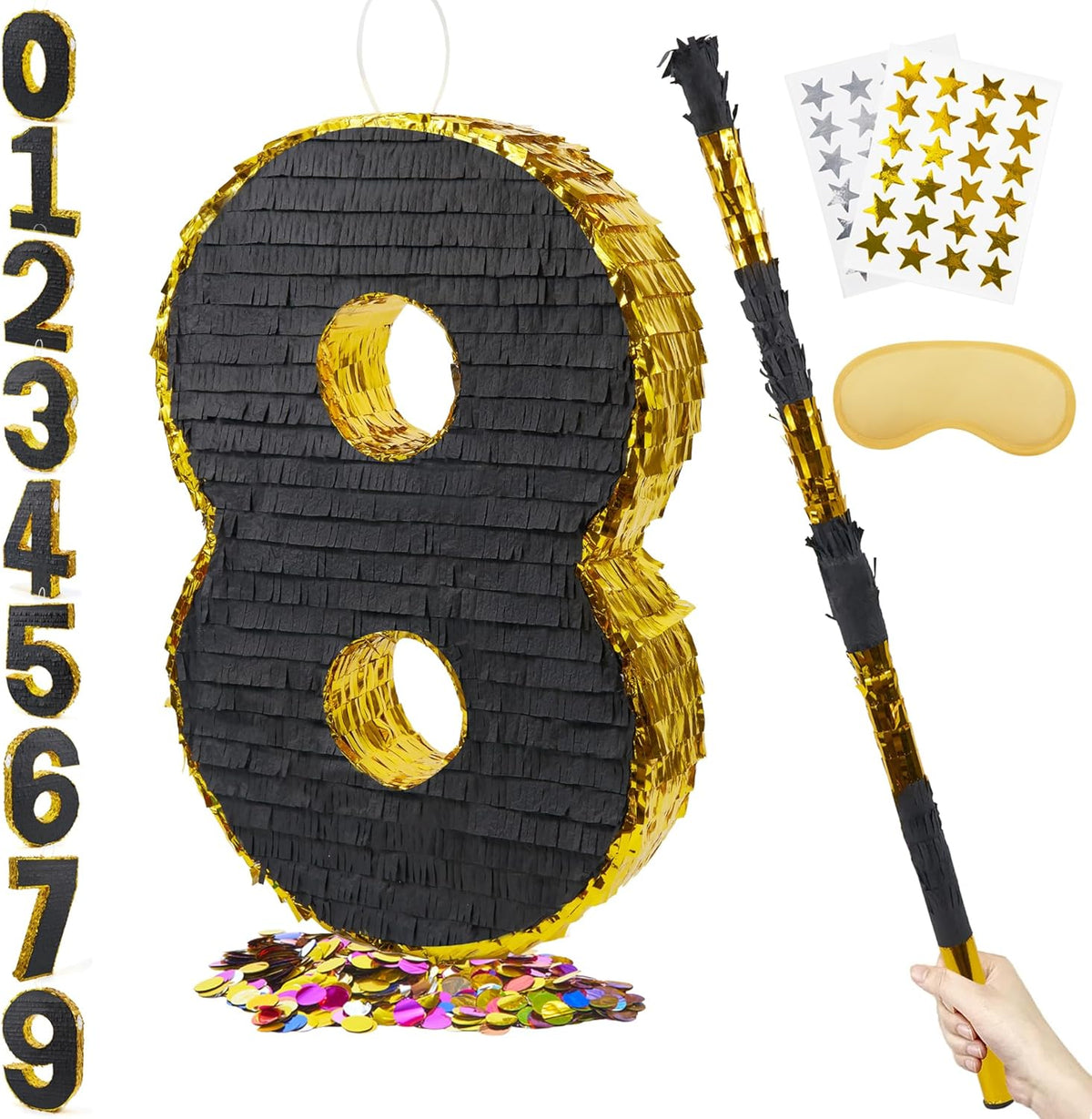 PCFING 20 Inch Number 8 Piñata Gold Black with 30 Inch Piñata Stick Blindfold Confetti for Man