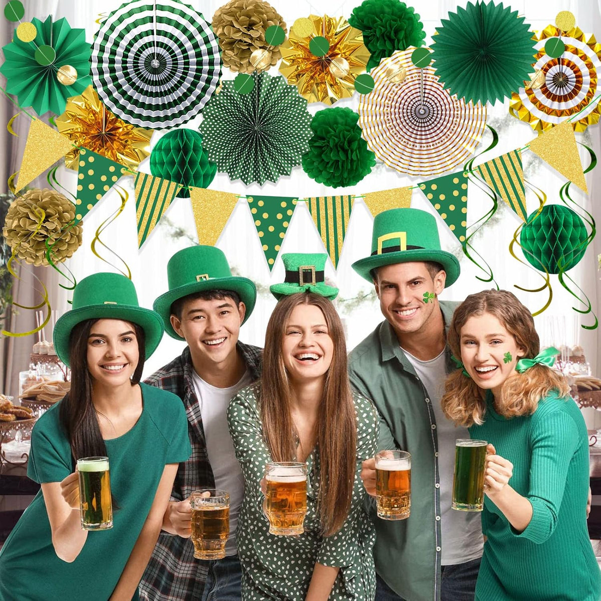 Green Gold Party Decorations Paper Fans, Graduation Season Hanging Glitter Triangle Flags Banner