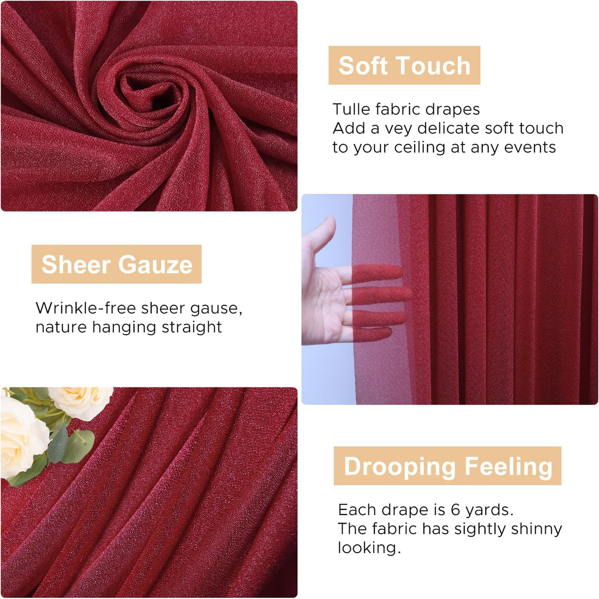 Wokceer Wedding Arch Draping Fabric - 28.7" x 20FT Burgundy Sheer Drapes Backdrop for Wedding
