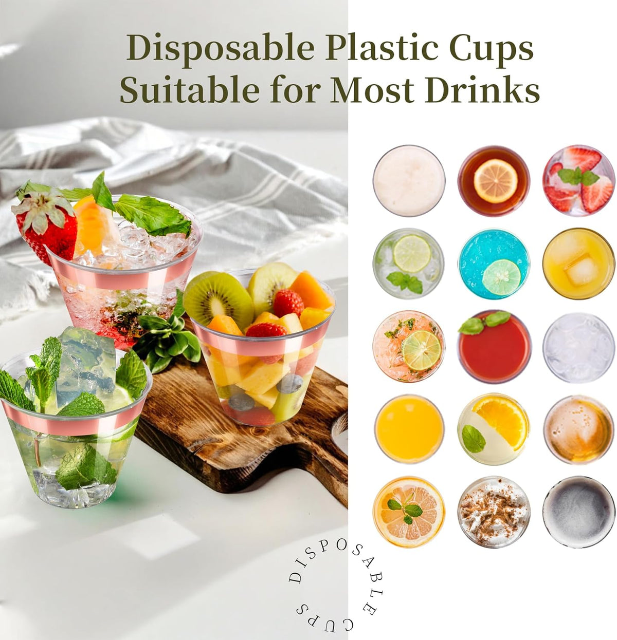[200 Pack] 9oz Clear Plastic Cups with Rose Gold Rimmed Sturdy & Food Safe Disposable Wine Glasses