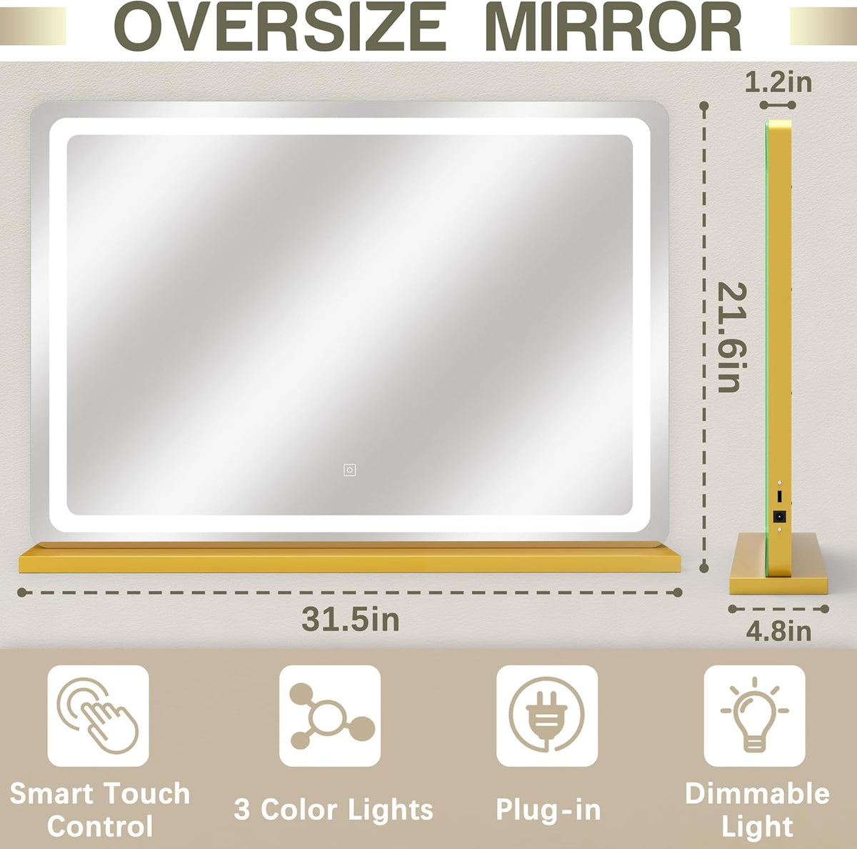 Gold Vanity Mirror with Lights, 32" x 22" Large Lighted Vanity Mirror with Dimmable 3 Modes, LED
