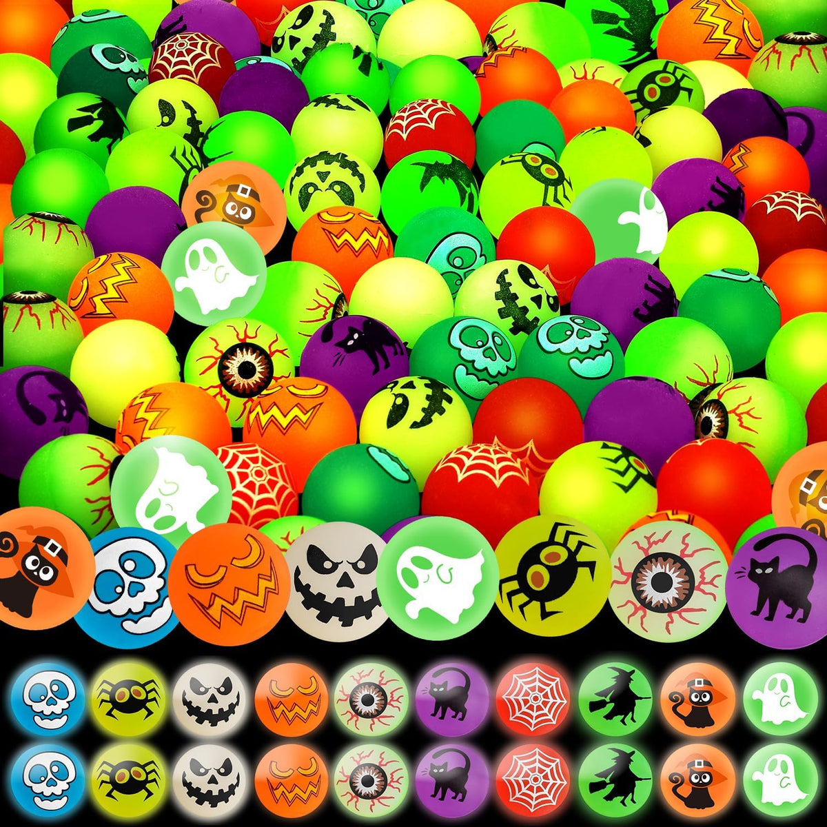 SpringFlower 100 Pcs Glow in The Dark Bouncing Balls,Halloween Party Favors Supplies, Trick or
