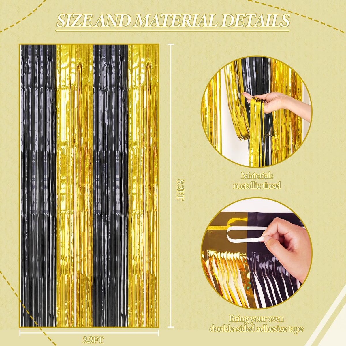 3 Pack Foil Fringe Backdrop - Black&Gold Shiny Tinsel Curtains for Party Decoration/Photo Booth