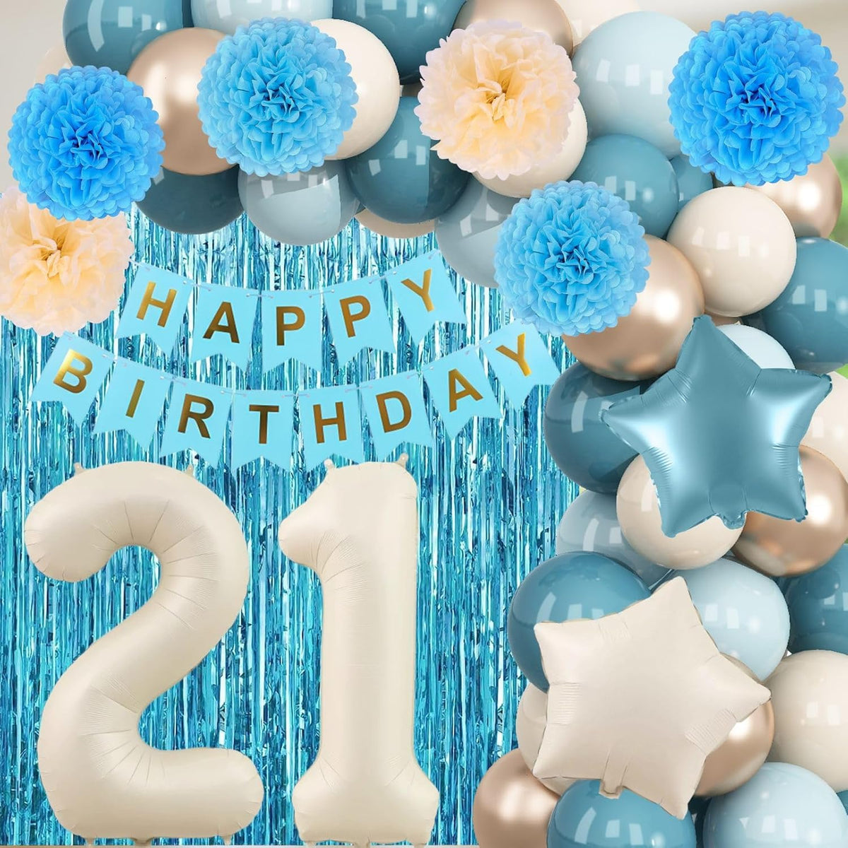 Dusty Blue 21st Birthday Decorations for Him Her Beige Cream Number 21 Balloon Blue Gold Happy