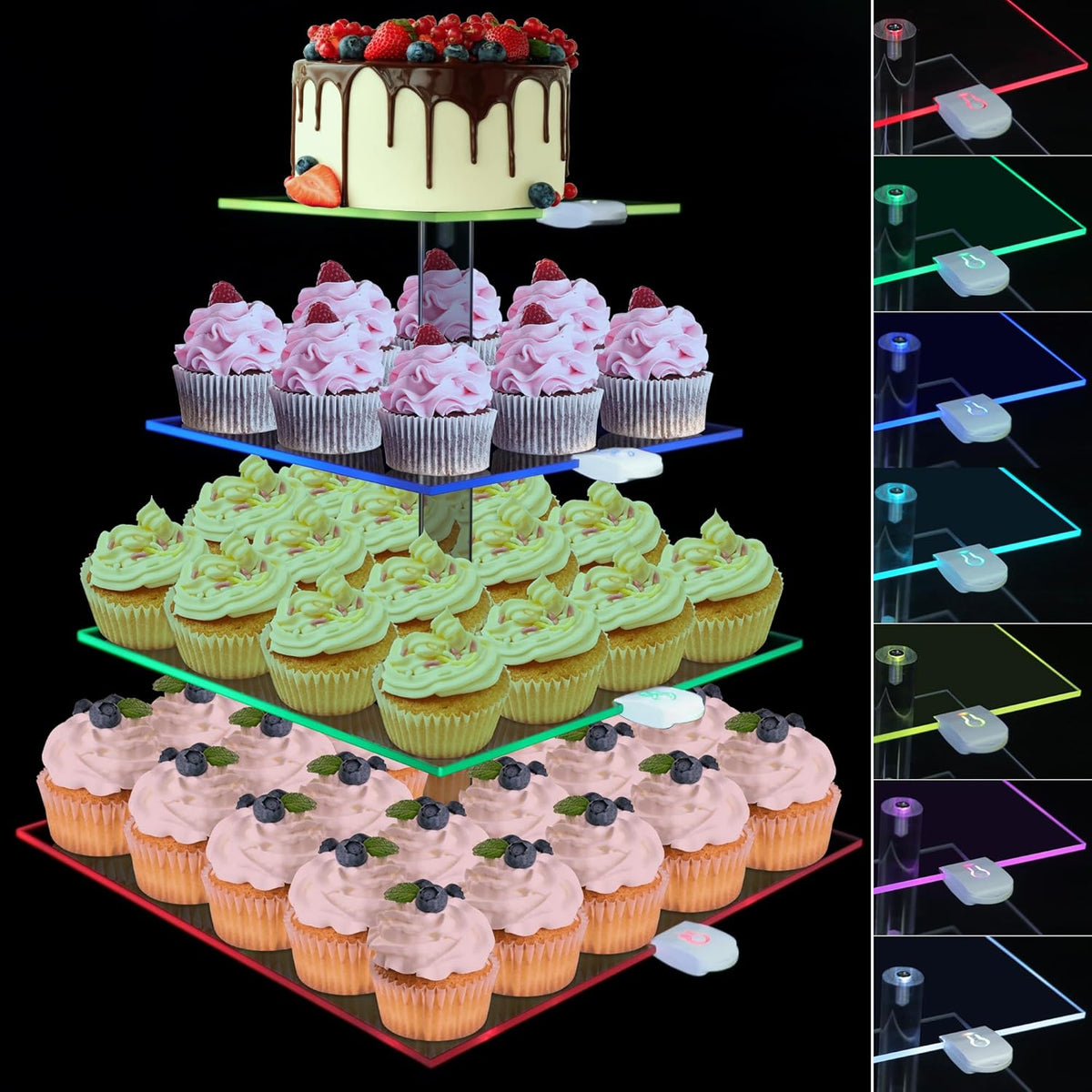 Rechargeable LED Cupcake Stand for 50 Cupcakes, 7 Colors Light Clear Cupcake Holder, 4 Tier Cupcake