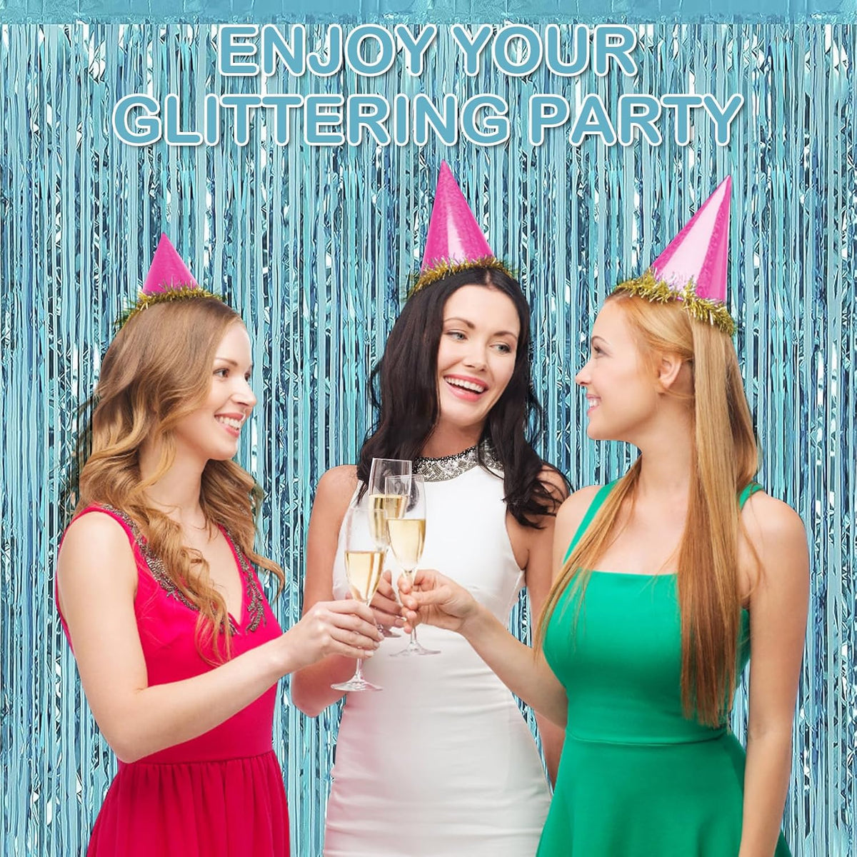 Light Blue Fringe Curtain Party Streamers, 12 Pack 3.3ft x 8.2 ft Foil Curtain Backdrop Tinsel Foil