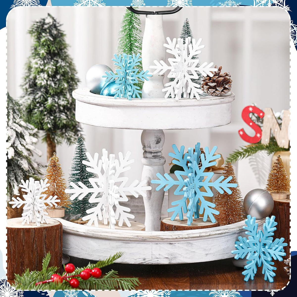 Bucherry 12 Pcs Wooden Snowflake Table Decor 3D Snowflake Tabletop Signs and Centerpiece for