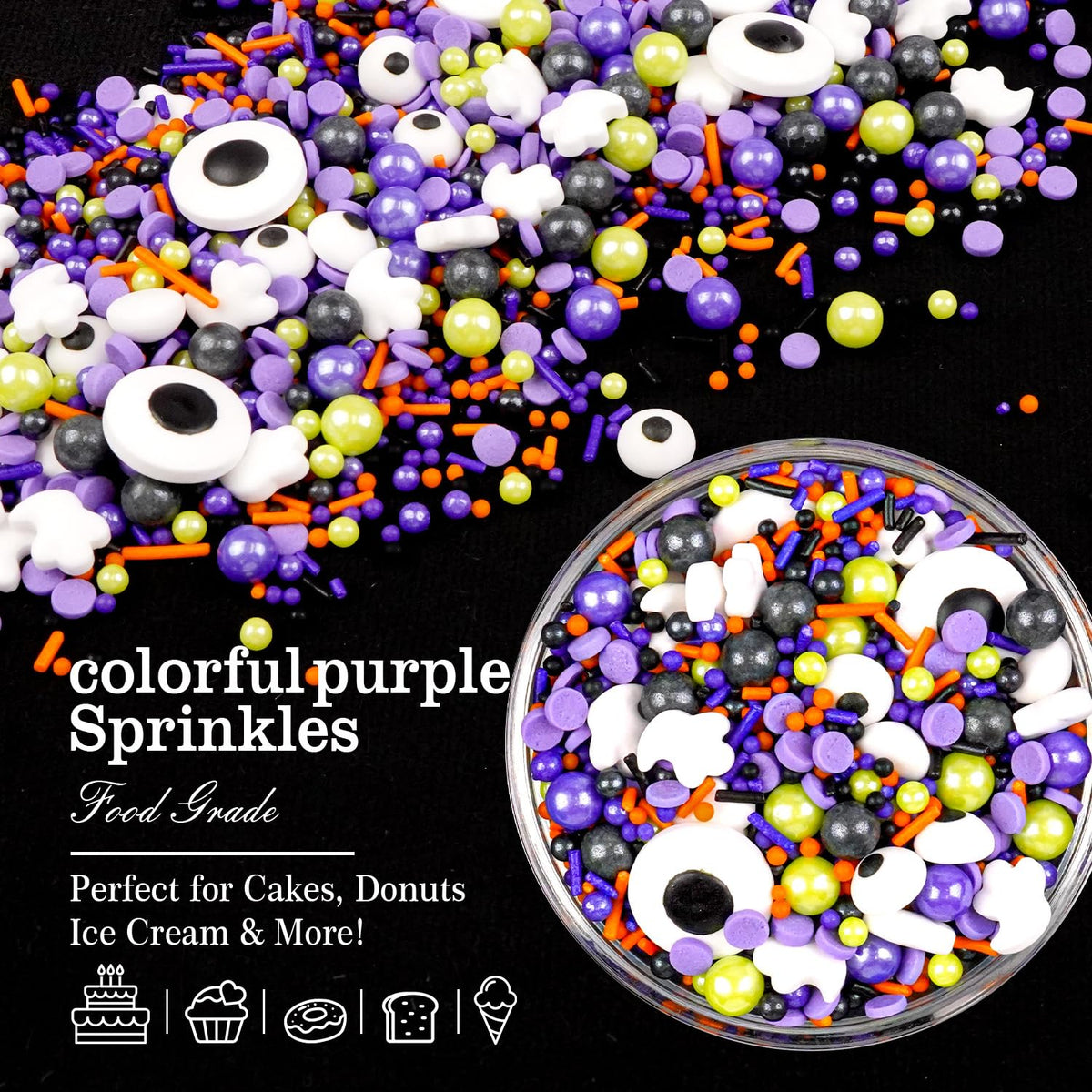 Halloween Sprinkles for Cake Decorating, Edible Candy Eyeballs, Pearl Sugar Sprinkles Mix