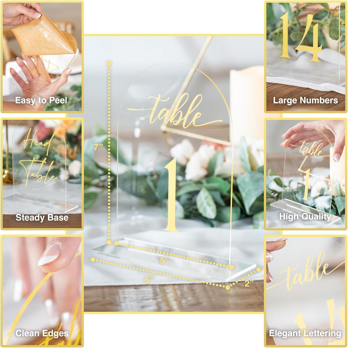 Clear Arch Acrylic Table Numbers for Wedding Reception - 5" x 7" Gold Font Centerpiece Set with