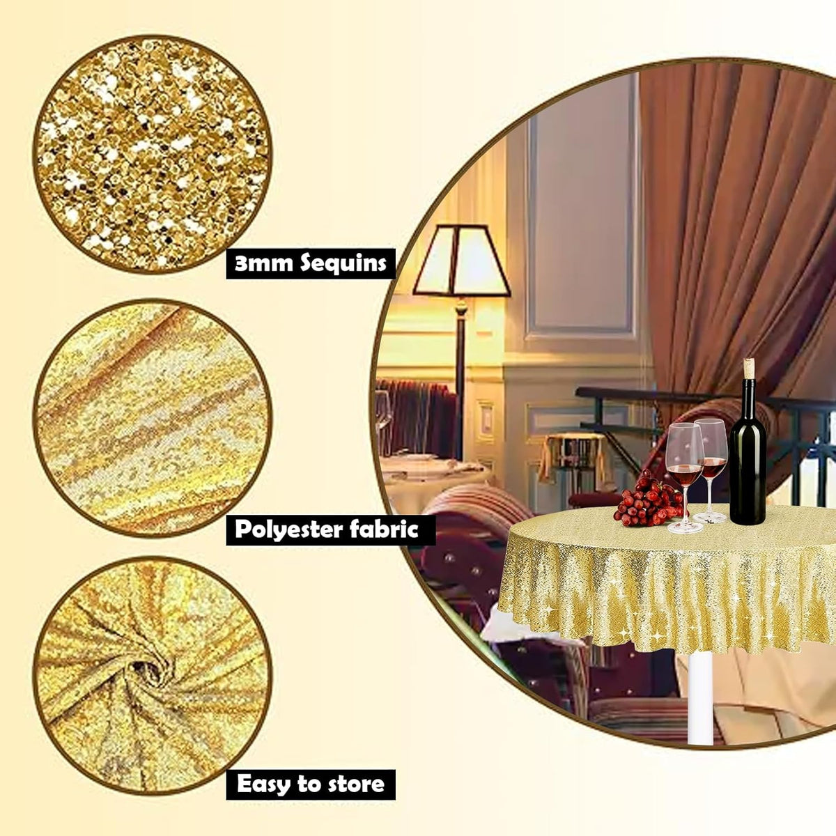 6 Pcs Gold Sequin Tablecloth 50 Inch Gold Round Tablecloth Overlay Round Table Cloth Golden Glitter