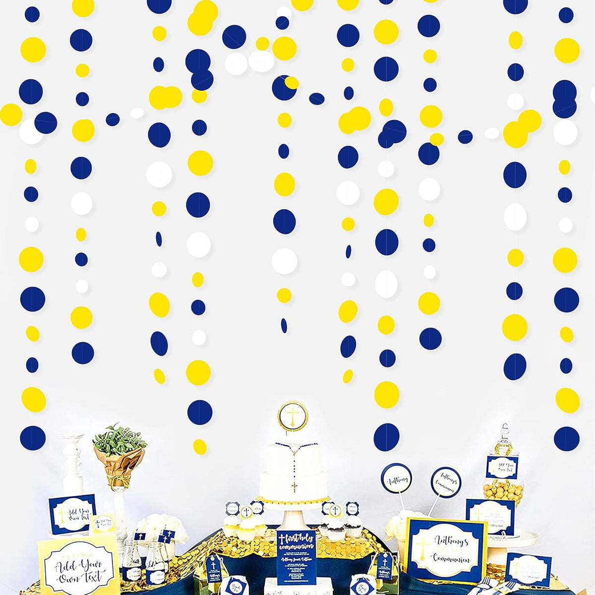 46Ft Navy Blue and Yellow Circle Dots Garland Royal Blue Yellow White Hanging Paper Polka Dot