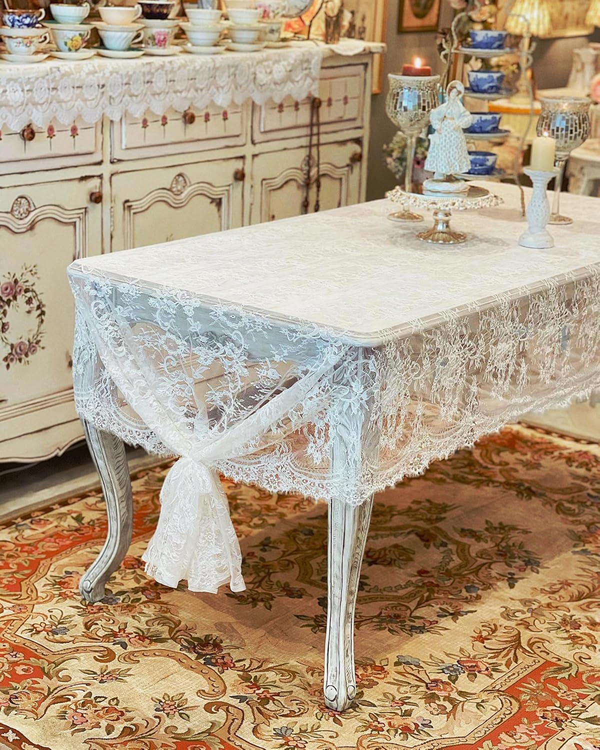 LuoluoHouse Rustic Ivory Wedding Tablecloths Lace Chic Rectangular Tablecloths for Wedding