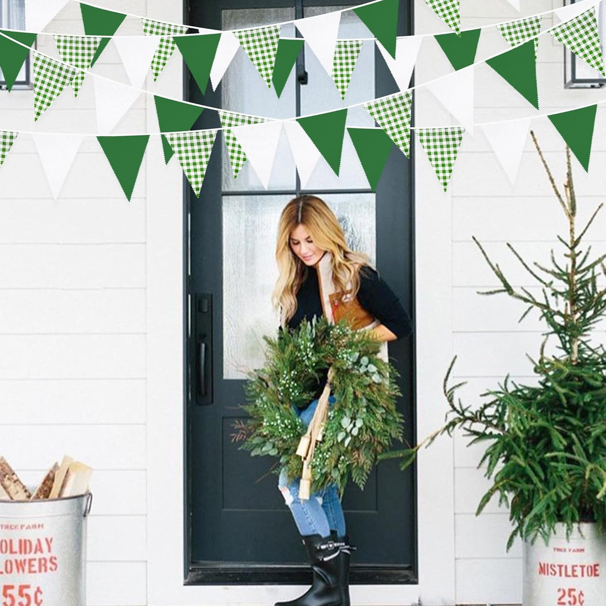 32Ft Green Party Decorations Green Buffalo Plaid Checkered White Triangle Flag Gingham Pennant