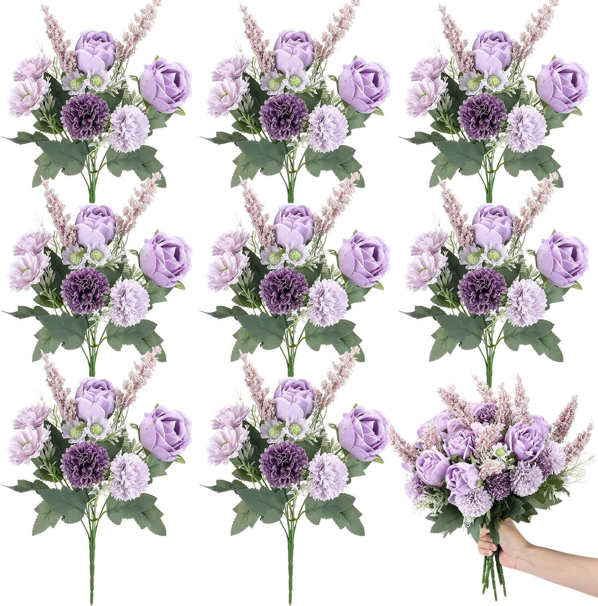 Zeyune 8 Pcs Wedding Silk Flowers Fake Silk Flowers Faux Bouquet Hydrangea Bouquets for Wedding