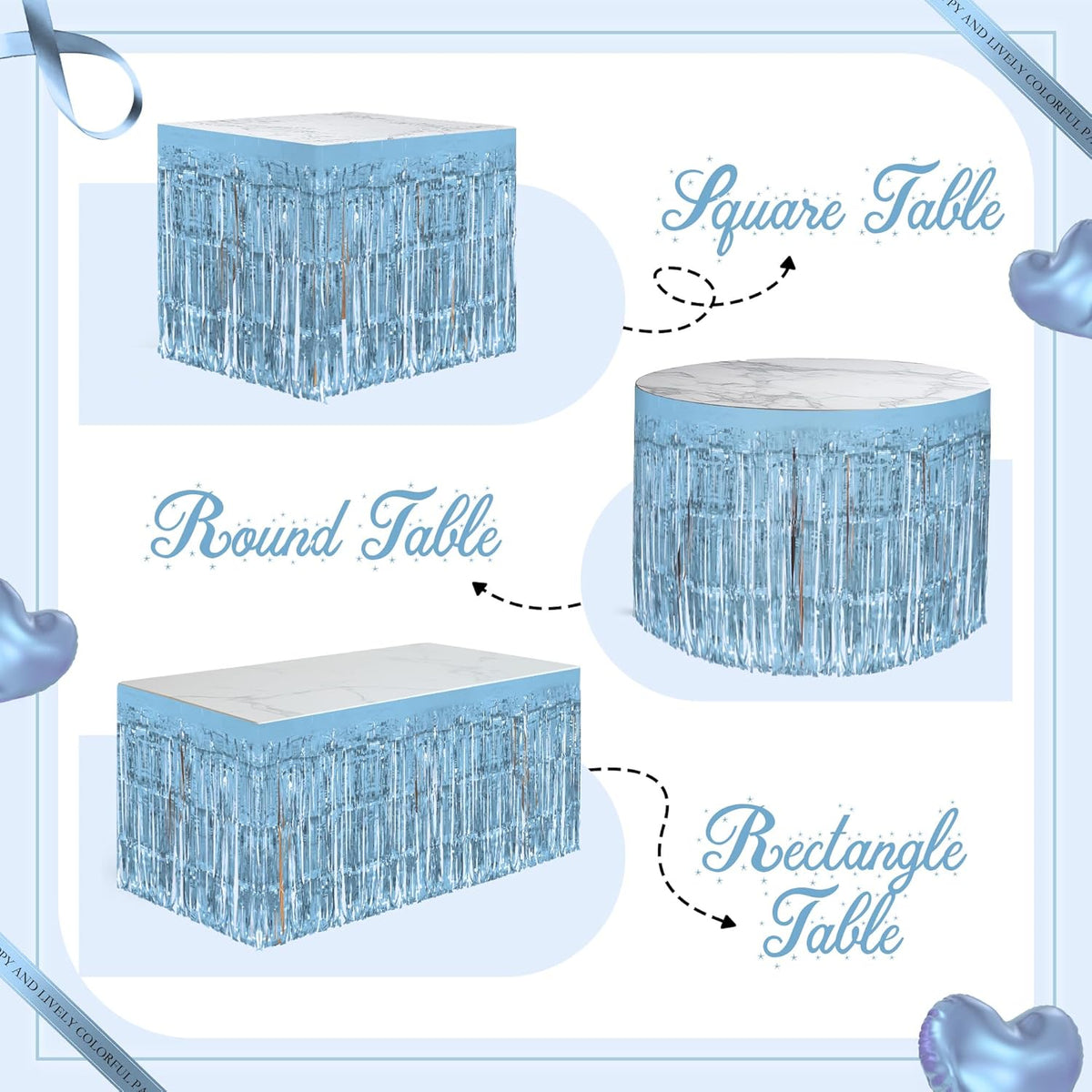 1 Pack Light Blue Table Skirts, 29x108" Metallic Foil Tinsel Fringe Table Skirts for Rectangle