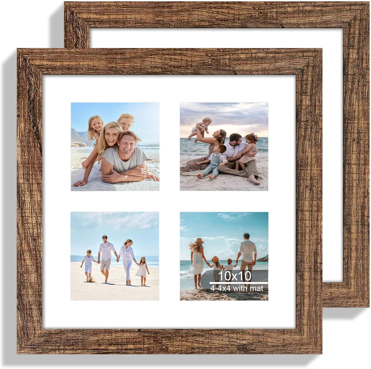 10x10 Picture Frame Set of 2, Real Glass and Rustic Brown Collage Frame, Display Pictures Four