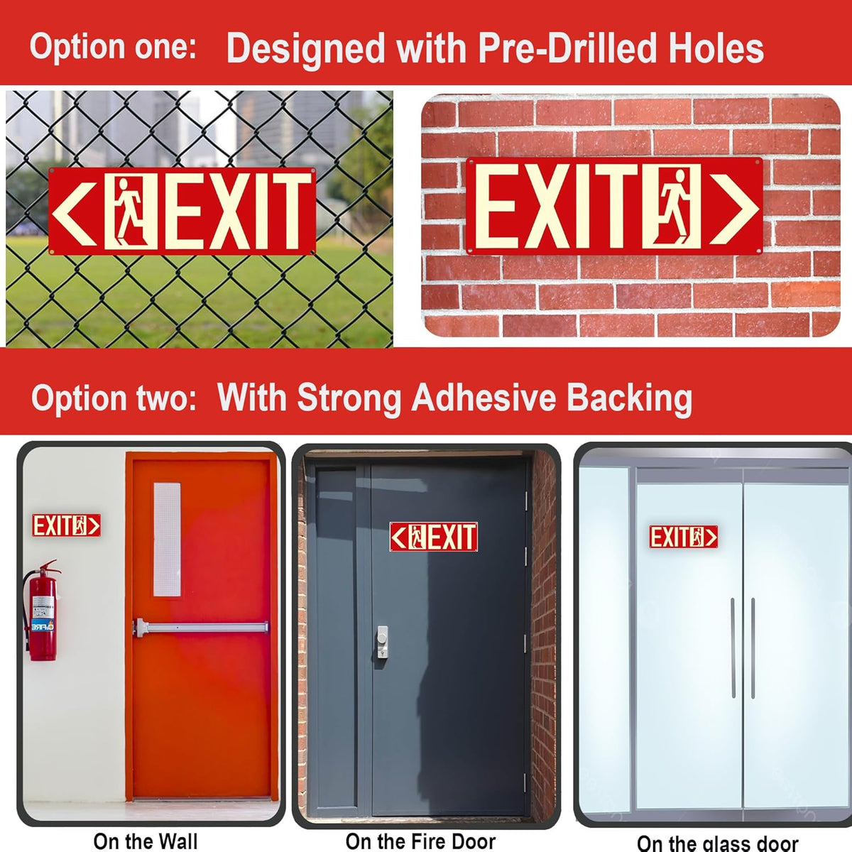 Photoluminescent Exit Signs, 14x5 inches, Red with Glow in Dark Feature, Self-Adhesive Aluminum