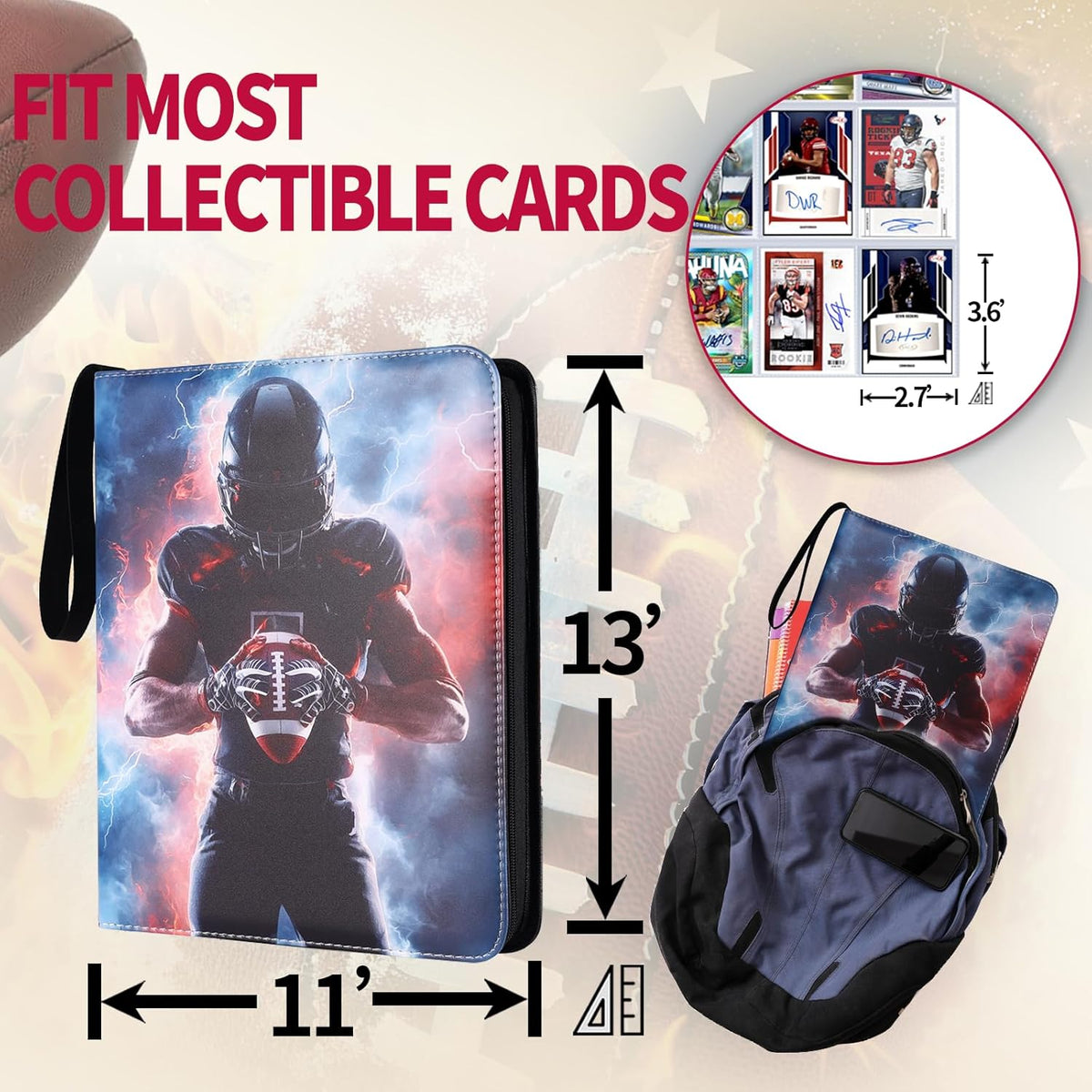Football Card Binder 1080 Pockets, Ultimate Trading Card Ablums with 60 Page Removable Sleeves to