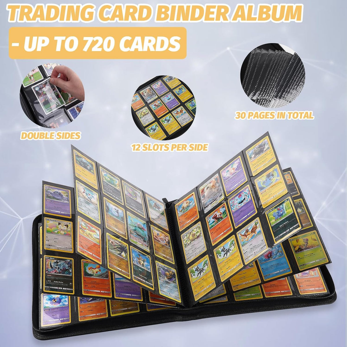 Trading Card Binder, Card Collection Binder Album Folder with 720 Side Loading Pockets, 12 Pocket