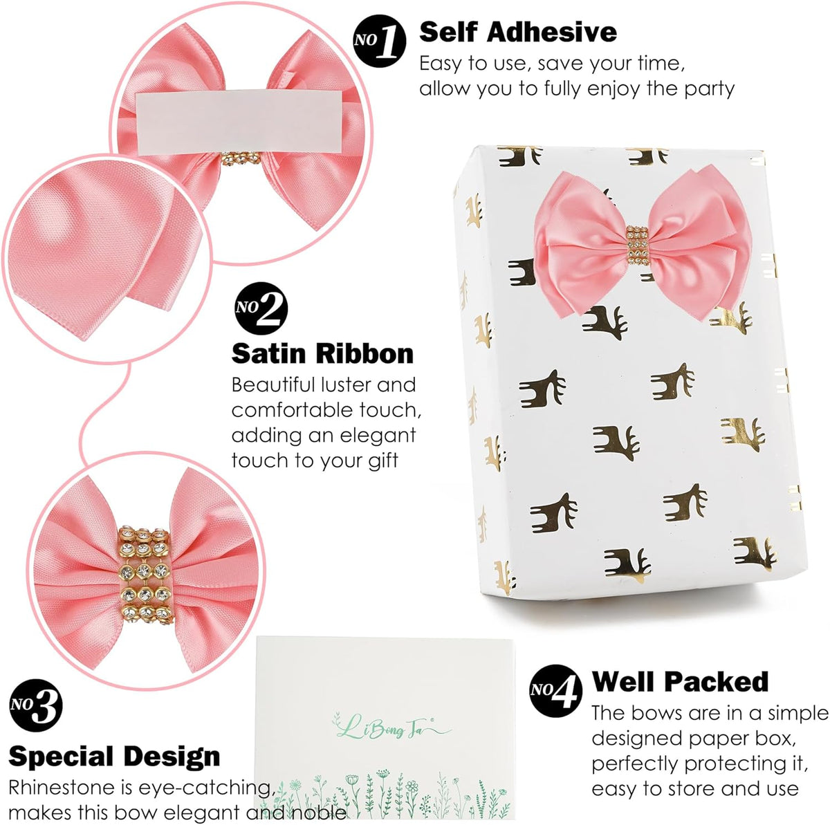 Pink Ribbon Bow 4'' Premade Pink Satin Bow, Gift Bows with Rhinestone, Wrapping Bows for Presents