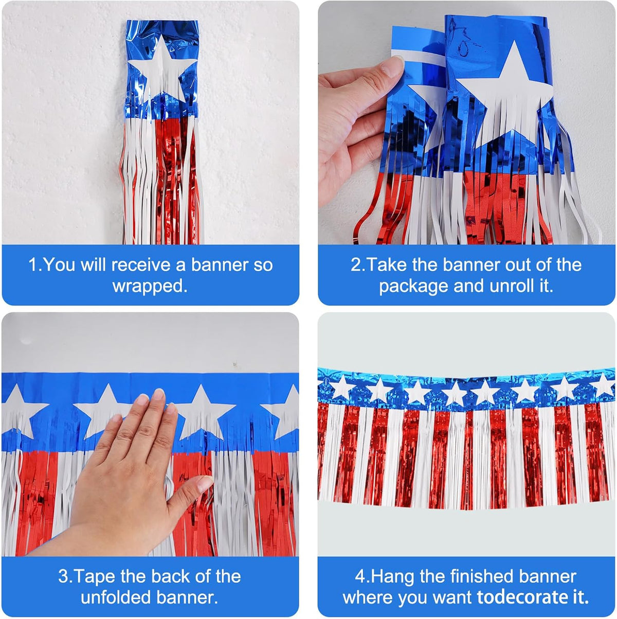 BEISHIDA 3 Packs Metallic Foil Fringe Garland Star Red White Blue Wall Hanging Tinsel Fringe